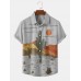 Men Cactus Desert Landscape Print Tropical Plant Short Sleeve Shirts