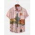 Men Cactus Desert Landscape Print Tropical Plant Short Sleeve Shirts