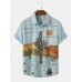 Men Cactus Desert Landscape Print Tropical Plant Short Sleeve Shirts