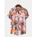 Mens Cotton Floral Oil Printing Turn Down Collar Short Sleeve Shirts