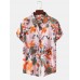 Mens Cotton Floral Oil Printing Turn Down Collar Short Sleeve Shirts