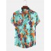 Mens Cotton Floral Oil Printing Turn Down Collar Short Sleeve Shirts