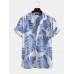 Pine Leaves Print Cotton Short Sleeve Relaxed Shirts