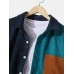 Mens Corduroy Color Block Patchwork Lapel Pocket Long Sleeve Shirts