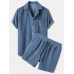 Mens Thin Corduroy Mustard Set Patch Pocket Breathable Short Sleeve Shirt & Shorts