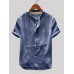 Mens Vintage Cotton Shirts Stand Collar Solid Color Short Sleeve Loose Henley Shirts