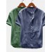 Men Cotton Linen Short Sleeve Solid Color Leisure Henley Shirts