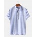 Mens Vertical Stripe Stand Collar Casual Breathable Short Sleeve Henley Shirts