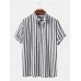 Mens Vertical Stripe Stand Collar Casual Breathable Short Sleeve Henley Shirts