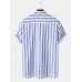 Mens Vertical Stripe Stand Collar Casual Breathable Short Sleeve Henley Shirts