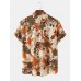 Mens Floral Printed Stand Collar Holiday Casual Short Sleeve Henley Shirts