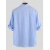 Mens Linen Casual Roll Sleeve Loose Buttons Pullover Henley Shirts