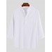 Mens Linen Casual Roll Sleeve Loose Buttons Pullover Henley Shirts