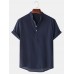 Mens Cotton linen Breathable Solid Color Short Sleeve Henley Shirts