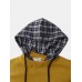 Mens Patchwork Casual Knitted Drawstring Plaid Hooded Sweater