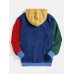 Mens Corduroy Colorblock Patchwork Half Button Pouch Pocket Drawstring Hoodies