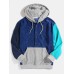 Mens Corduroy Colorblock Patchwork Half Button Pouch Pocket Drawstring Hoodies