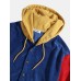 Mens Corduroy Colorblock Patchwork Half Button Pouch Pocket Drawstring Hoodies