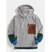 Mens Corduroy Vintage Patchwork Drawstring Hoodies With Flap Pocket