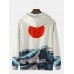 Mens Sea Landscape Print Pocket Long Sleeve Ukiyoe Hoodies