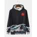 Mens Sea Landscape Print Pocket Long Sleeve Ukiyoe Hoodies