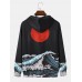 Mens Sea Landscape Print Pocket Long Sleeve Ukiyoe Hoodies