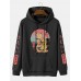 Men Cartoon Printed Japanese Style Kangaroo Pocket Letter Hooded Sweatshirt