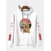 Men Cartoon Printed Japanese Style Kangaroo Pocket Letter Hooded Sweatshirt