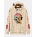 Men Cartoon Printed Japanese Style Kangaroo Pocket Letter Hooded Sweatshirt