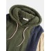 Men Teddy Patchwork Color Block Drawstring Casual Hooded Sweatshirt