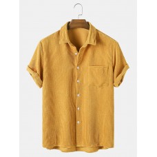 Mens Casual Corduroy Light Breathable Pocket Short Sleeve Shirts