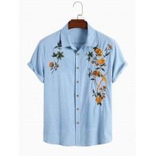 Mens Cotton Breathable Floral Embroidered Button Up Casual Shirts