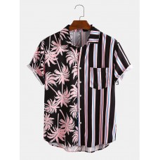 Men Coconut Tree Colorful Stripe Mixed Print Short Sleeve Casual Holiday Shirts