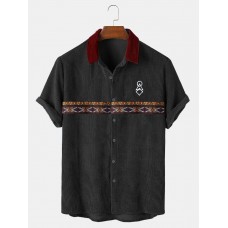 Men Tribal Print Patchwork Ribbed Button Up Short Sleeve Shirts