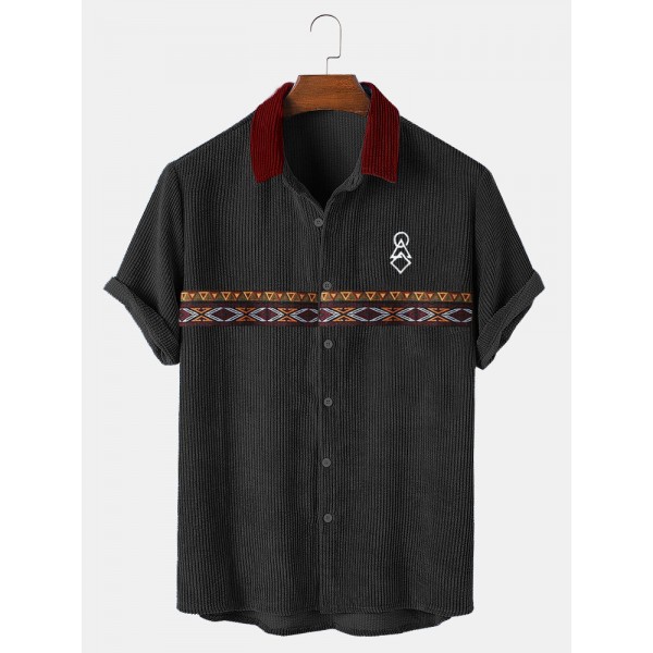 Men Tribal Print Patchwork Ribbed Button Up Short Sleeve Shirts