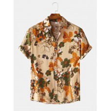 Mens Cotton Floral Oil Printing Turn Down Collar Short Sleeve Shirts