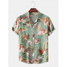 Men Cotton Floral Print Turn Down Collar Hawaii Holiady Short Sleeve Shirts