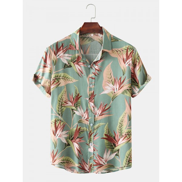 Men Cotton Floral Print Turn Down Collar Hawaii Holiady Short Sleeve Shirts
