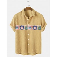 Men Jacquard Decor Ribbed Button Up Short Sleeve Casual Shirts