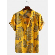 Pine Leaves Print Cotton Short Sleeve Relaxed Shirts