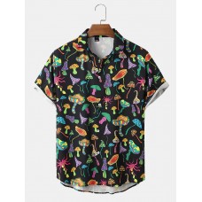 Mens Cartoon Colorful Mushroom Print Lapel Short Sleeve Shirt