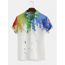 Mens Splash Ink Watercolor Print Short Sleeve Beach Party Business Casual Shirts