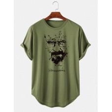 Men Ink Portrait Letter Print Light Casual High Low Short Sleeve T-Shirts
