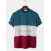 Mens Letter Print Colorblock Stitching Short Sleeve Preppy T-Shirts