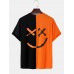 Mens Contrast Patchwork Happy Face Letter Print Cotton Loose Short Sleeve T-Shirts