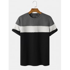 Mens Veins Patchwork Plain Color Crew Neck T-Shirts