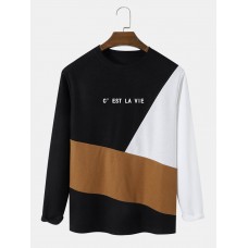 Mens Color Block Letter Pattern Patchwork Knit Preppy T-Shirts