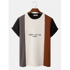 Mens Letter Print Knitted Veins Patchwork Crew Neck T-Shirts