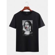 Mens Funny Kuso Mona Lisa License Crew Neck Black Short Sleeve T-Shirts