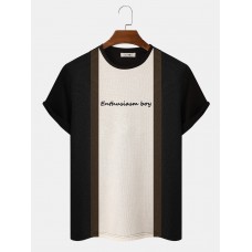 Mens Veins Stripe Patchwork Letter Embroidery Preppy T-Shirts